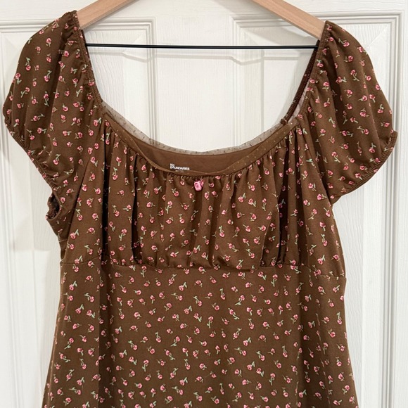 No Boundaries Mini Dress XXL Brown Pink Floral Rosette Cottage Fairy Babydoll - Picture 5 of 12